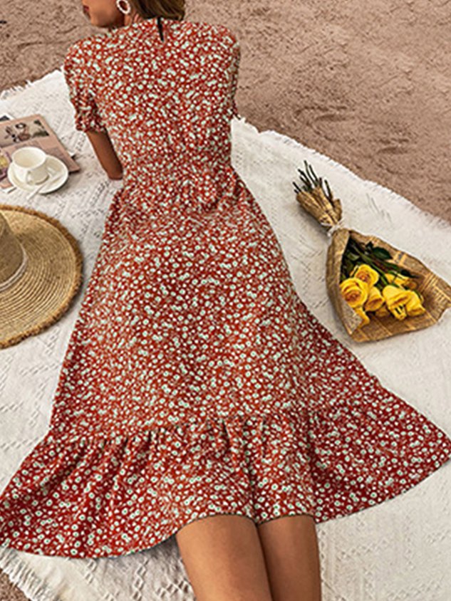 Ditsy Floral Women's Fashion Summer Pleated Holiday Sexy Big Swing Dress