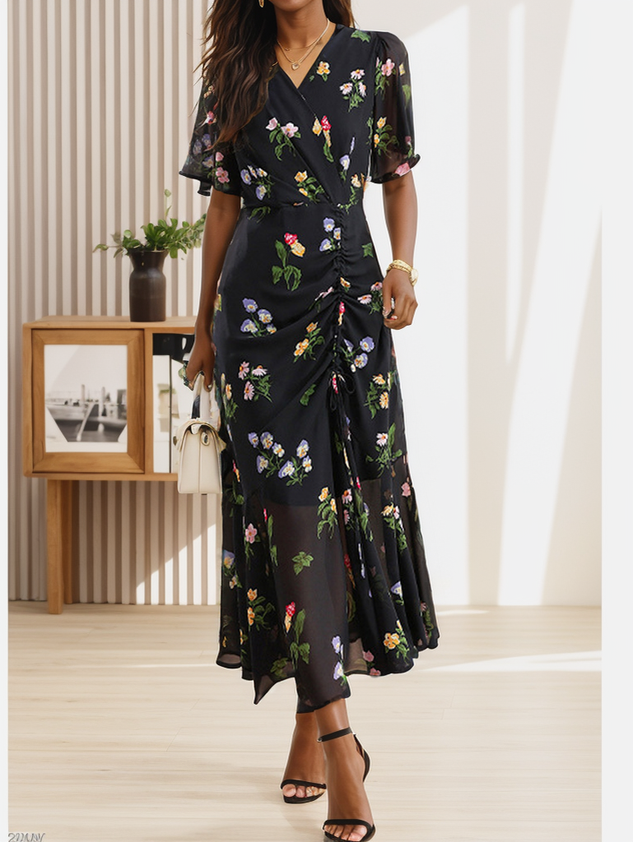 Women's Short Sleeve Summer Floral Dress Chiffon V Neck Elegant Flowy Maxi Dress