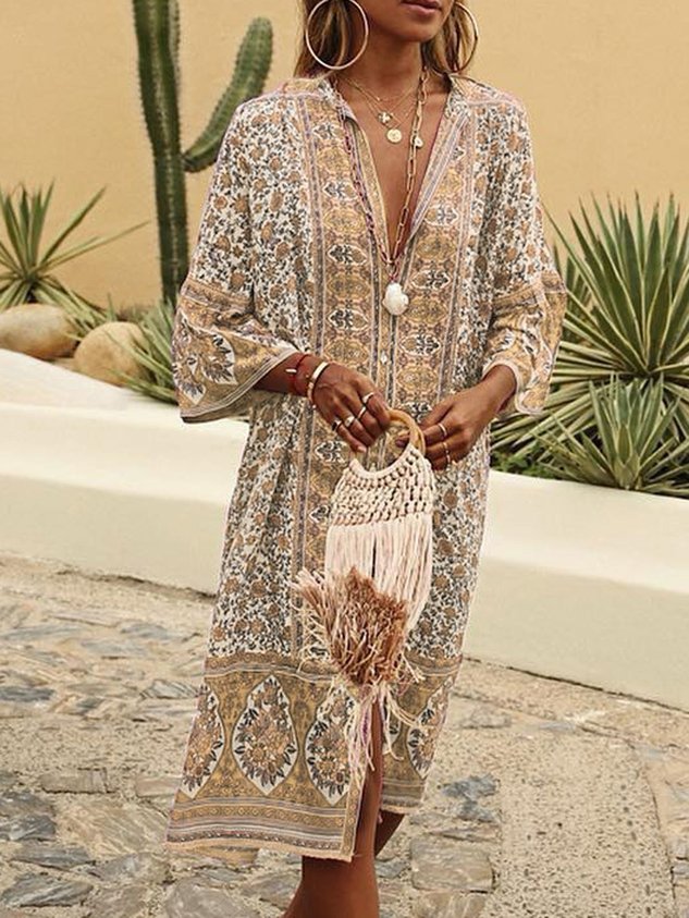 5 Farben Sommer Bohemien Stil V-Ausschnitt Sexy Print Weberei Kleid
