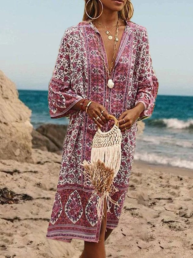 5 Farben Sommer Bohemien Stil V-Ausschnitt Sexy Print Weberei Kleid