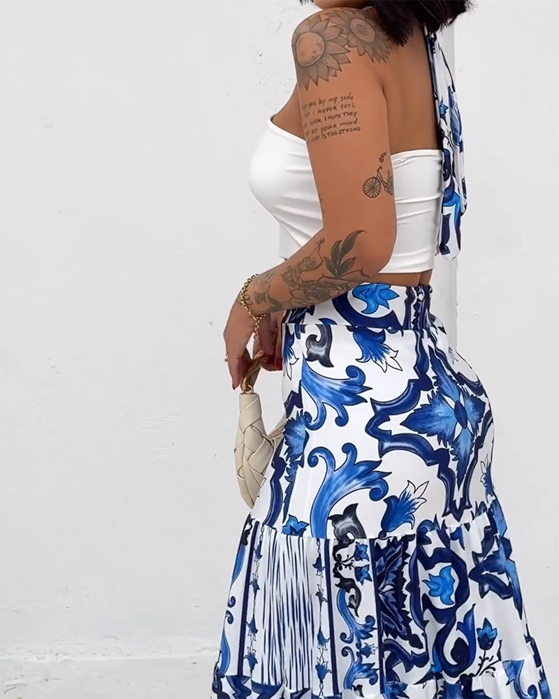 Halter Neck Top and Skirt Print Two Piece Set