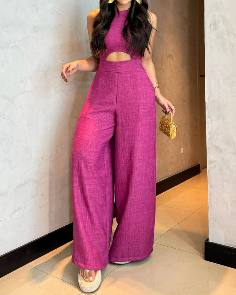 Sleeveless solid color hollow jumpsuit