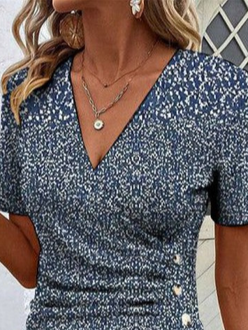 Women's Short Sleeve Blouse Summer Floral V Neck Daily Going Out Casual Top Dark Blue