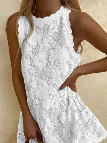 Unifarben Spitze Jacquard Ärmellos Lässig Tunika Kleid