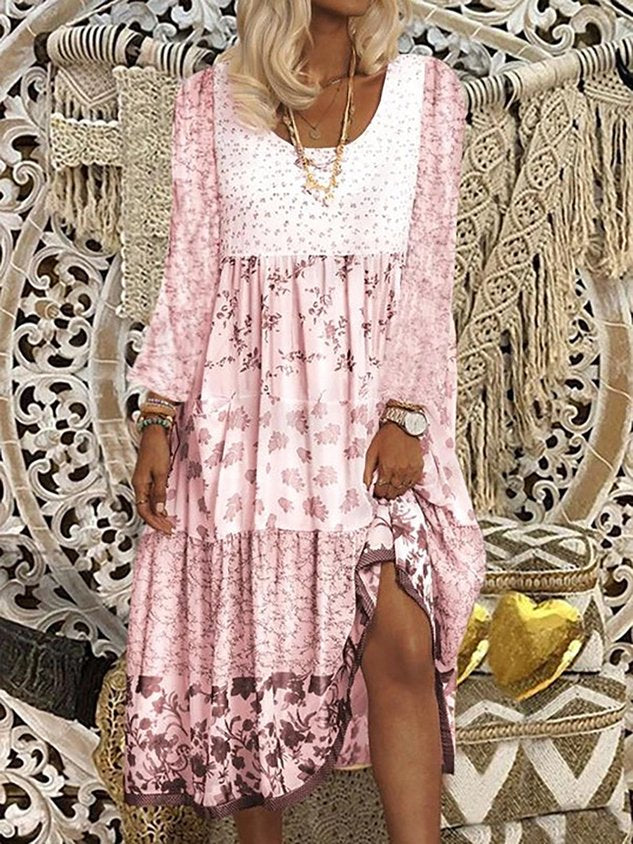 Blumenmuster Langarm Süß Böhmisch Weberei Kleid