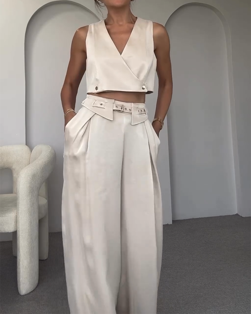 V-neck Top and Pants Two-piece Set Including Belt