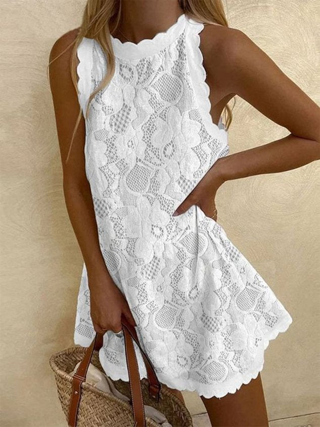 Unifarben Spitze Jacquard Ärmellos Lässig Tunika Kleid