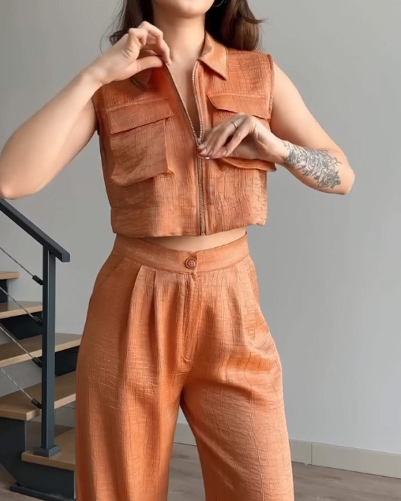 Lapel sleeveless solid color two-piece suit