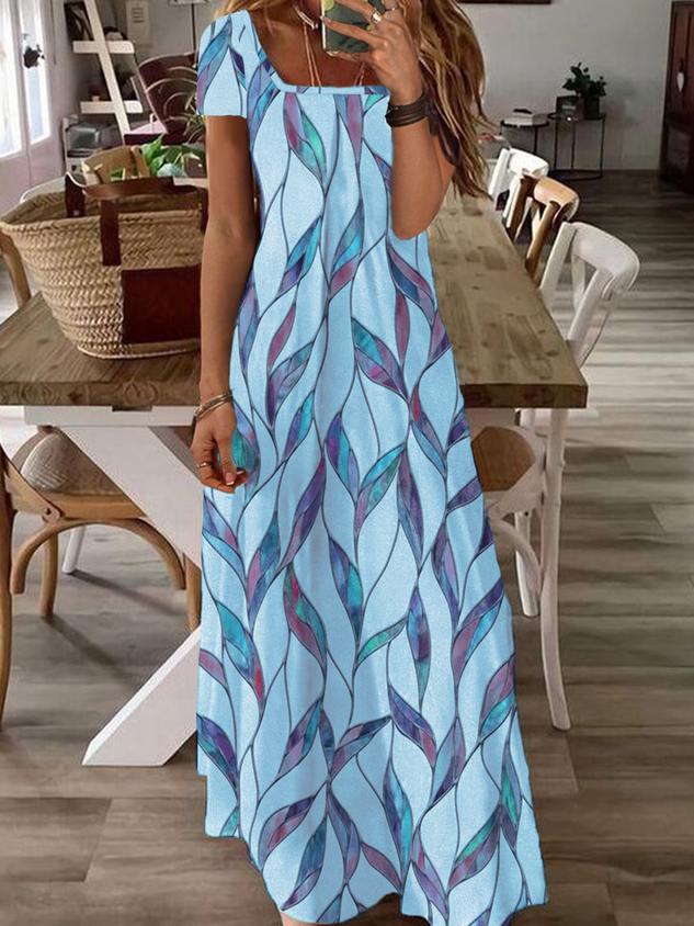 Print Lässig Karree-Ausschnitt Kurzarm Kleid