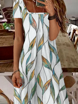 Print Lässig Karree-Ausschnitt Kurzarm Kleid
