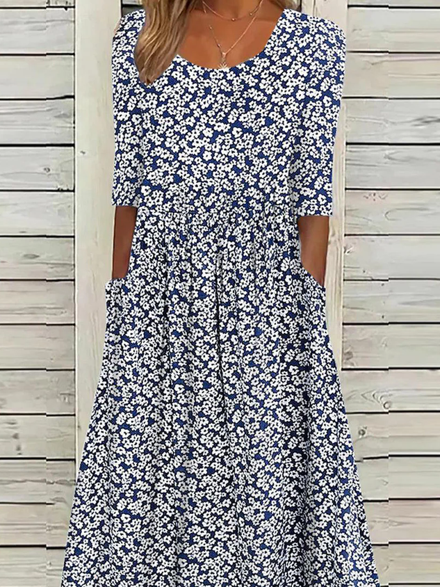 Women's Half Sleeve Summer Ditsy Floral Dress Crew Neck Daily Going Out Casual Midi H-Line Blue