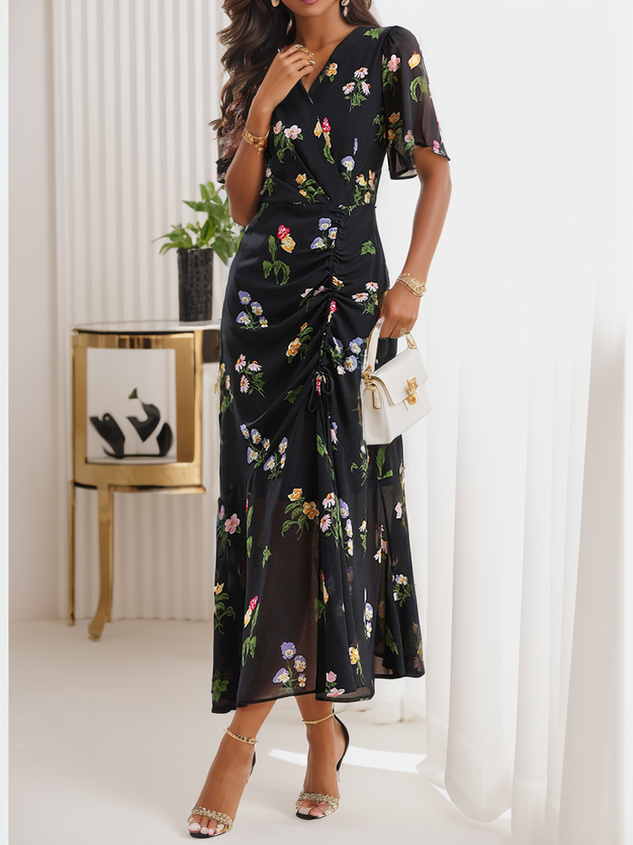 Women's Short Sleeve Summer Floral Dress Chiffon V Neck Elegant Flowy Maxi Dress