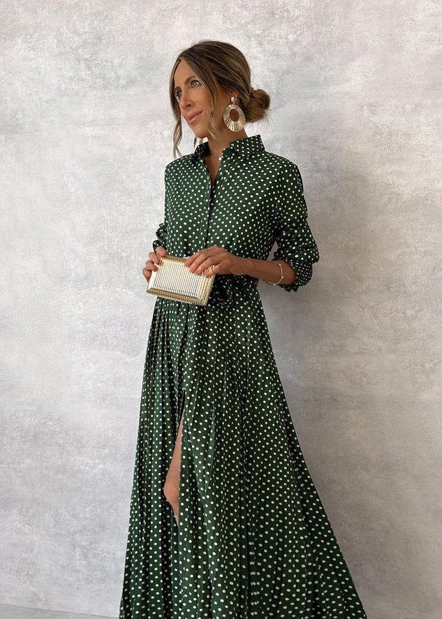 Women's Long Sleeve Spring/Fall Green Polka Dots Shirt Collar Daily Elegant Maxi Dress