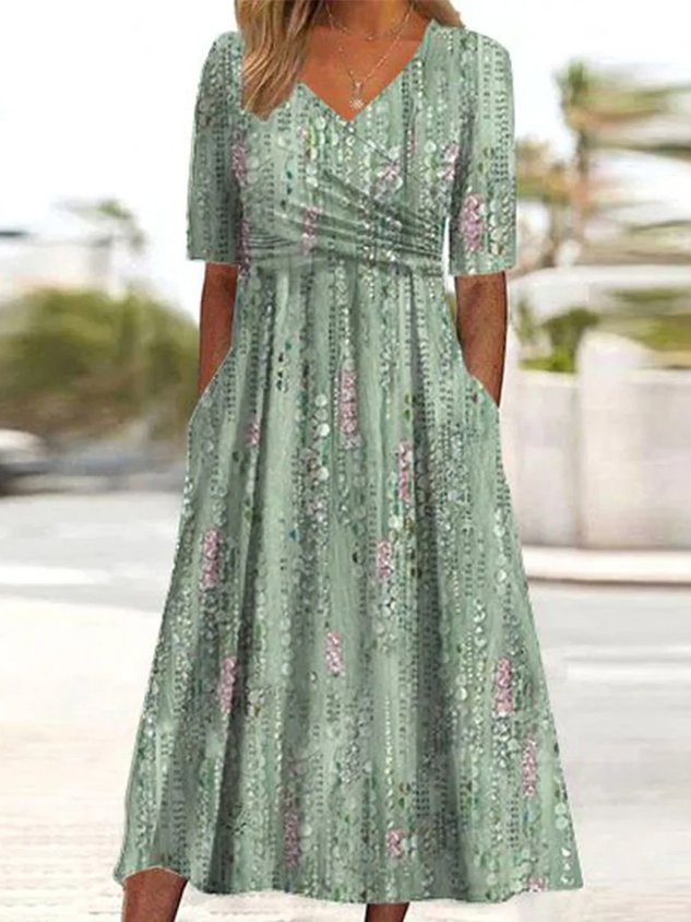 Women's Short Sleeve Summer Floral Cotton Crew Neck Daily Going Out Casual Maxi H-Line Green Dress