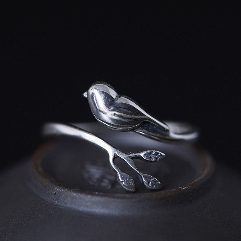 Exquisite Bird - On - Branch Silver Ring