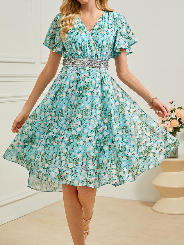Ruffled Sleeves V Neck Elegant Floral Dress