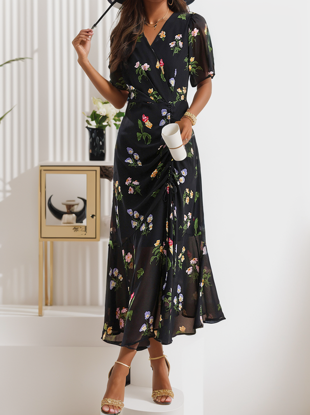 Women's Short Sleeve Summer Floral Dress Chiffon V Neck Elegant Flowy Maxi Dress