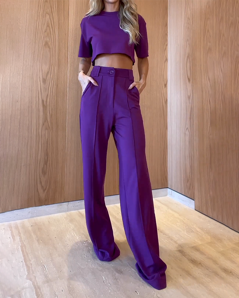 Round Neck Short Sleeve Top Trousers Solid Color Two-piece Suit
