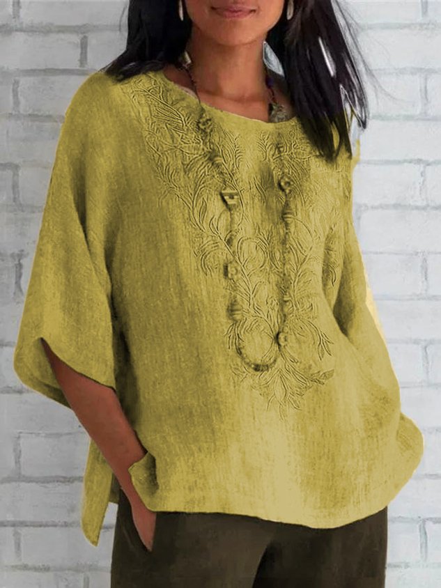 Women's Short Sleeve Blouse Summer Purple Plain Embroidery Cotton Crew Neck Daily Casual Top