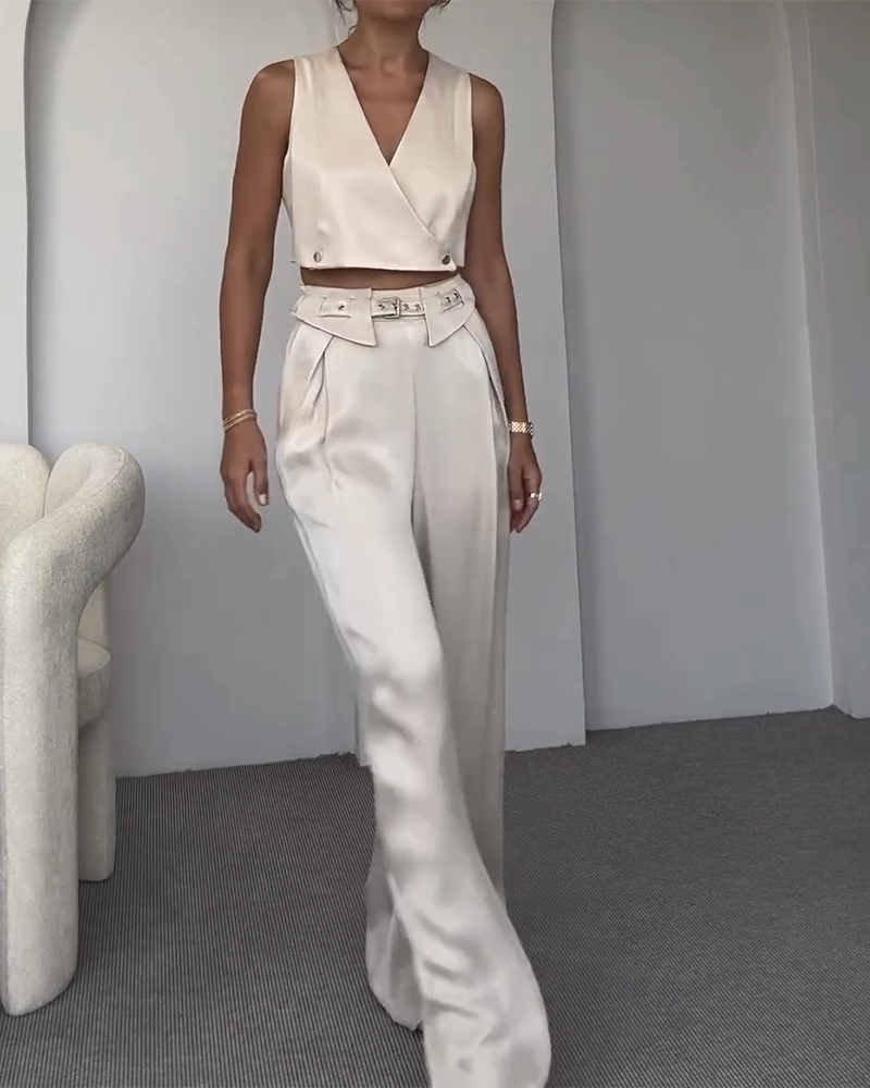 V-neck Top and Pants Two-piece Set Including Belt