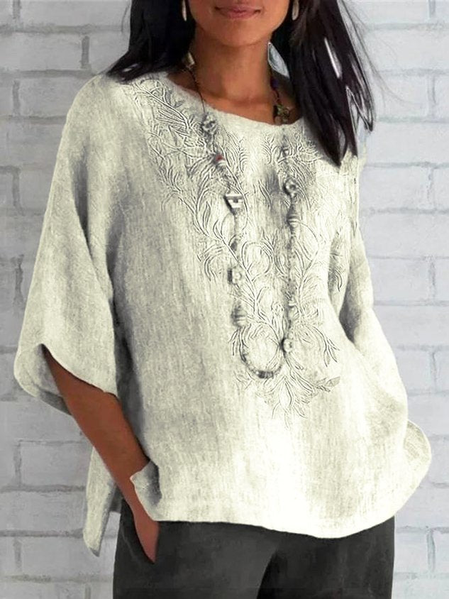 Women's Short Sleeve Blouse Summer Purple Plain Embroidery Cotton Crew Neck Daily Casual Top