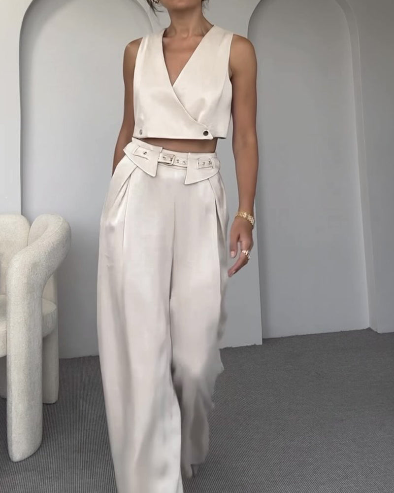 V-neck Top and Pants Two-piece Set Including Belt
