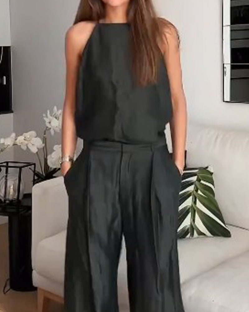Sleeveless solid color two piece set