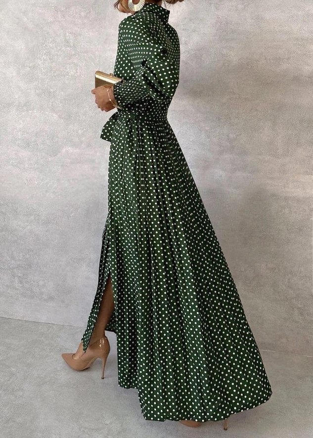 Women's Long Sleeve Spring/Fall Green Polka Dots Shirt Collar Daily Elegant Maxi Dress