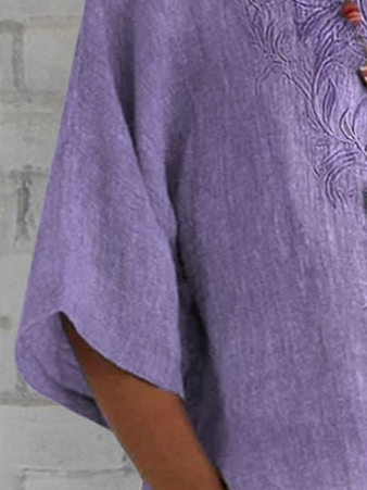 Women's Short Sleeve Blouse Summer Purple Plain Embroidery Cotton Crew Neck Daily Casual Top
