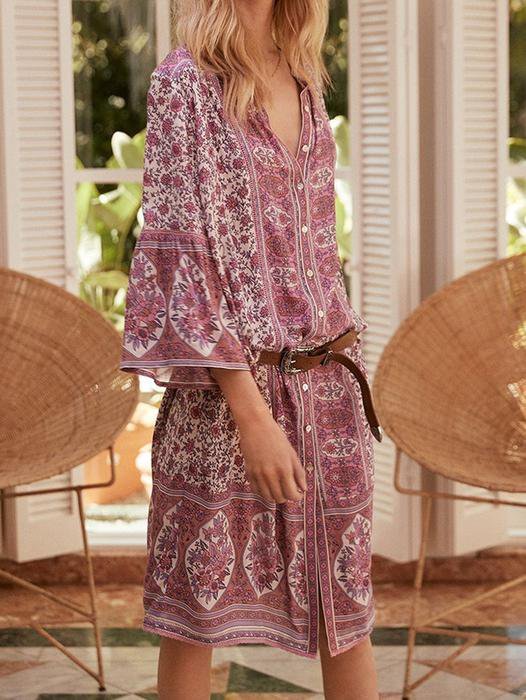 5 Farben Sommer Bohemien Stil V-Ausschnitt Sexy Print Weberei Kleid