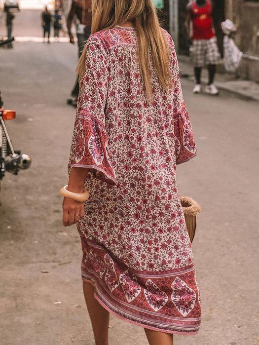 5 Farben Sommer Bohemien Stil V-Ausschnitt Sexy Print Weberei Kleid
