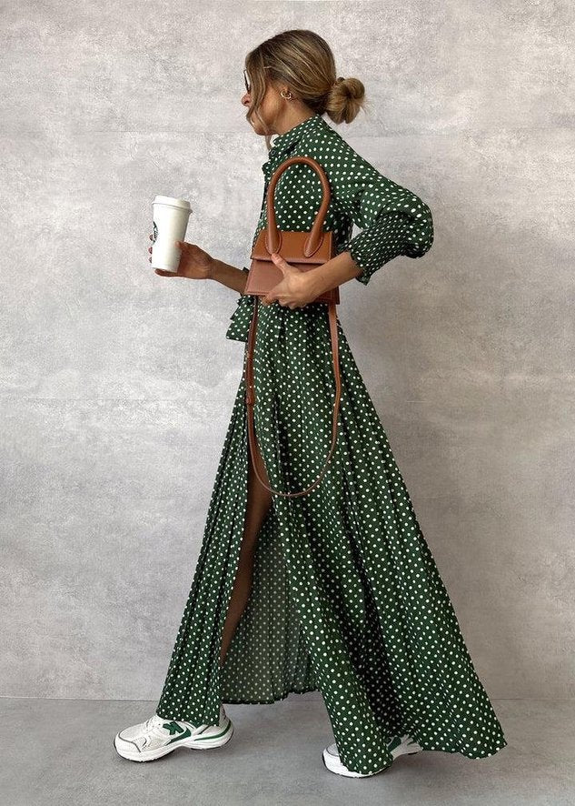 Women's Long Sleeve Spring/Fall Green Polka Dots Shirt Collar Daily Elegant Maxi Dress