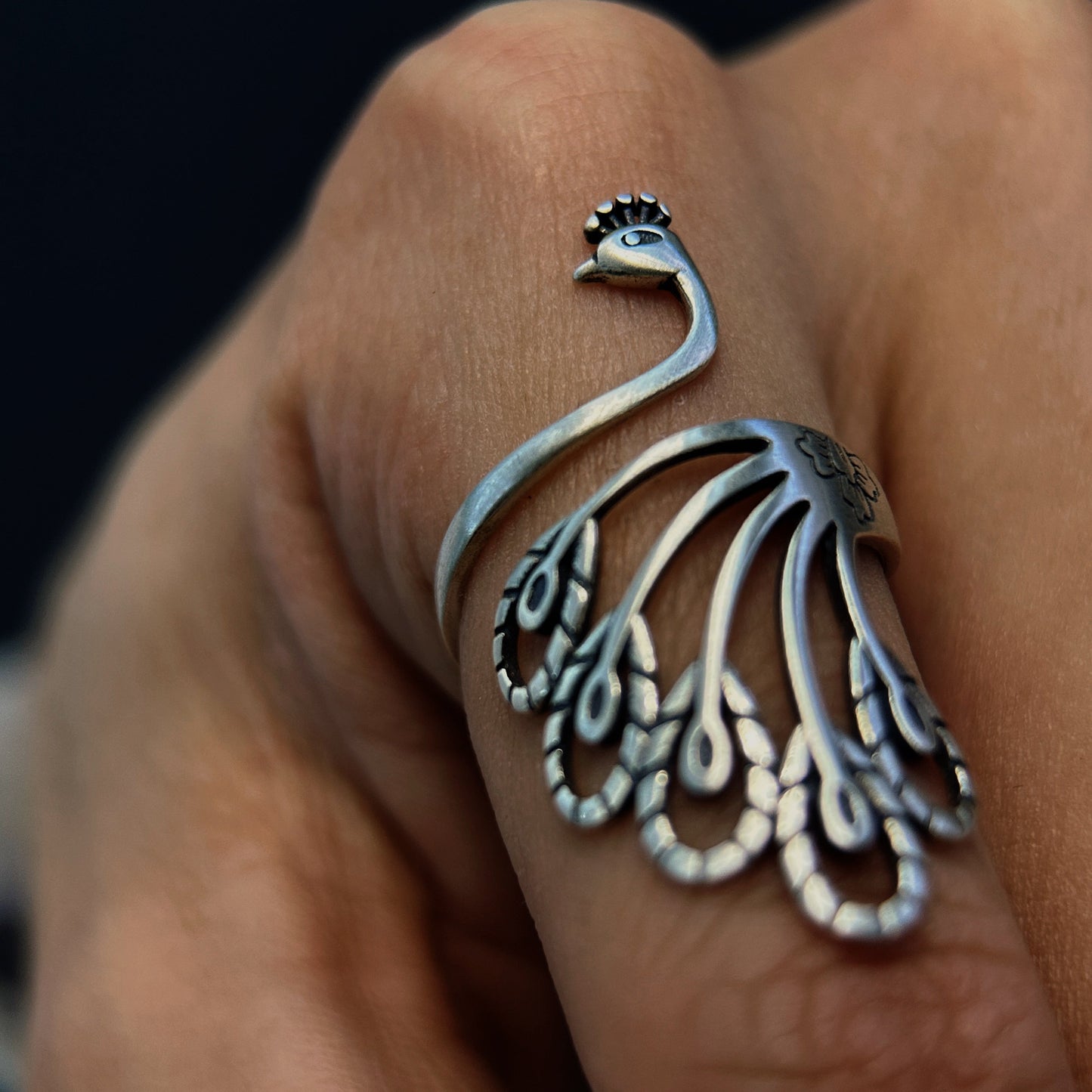 925 Sterling Silver Peacock Ring, Adjustable Size