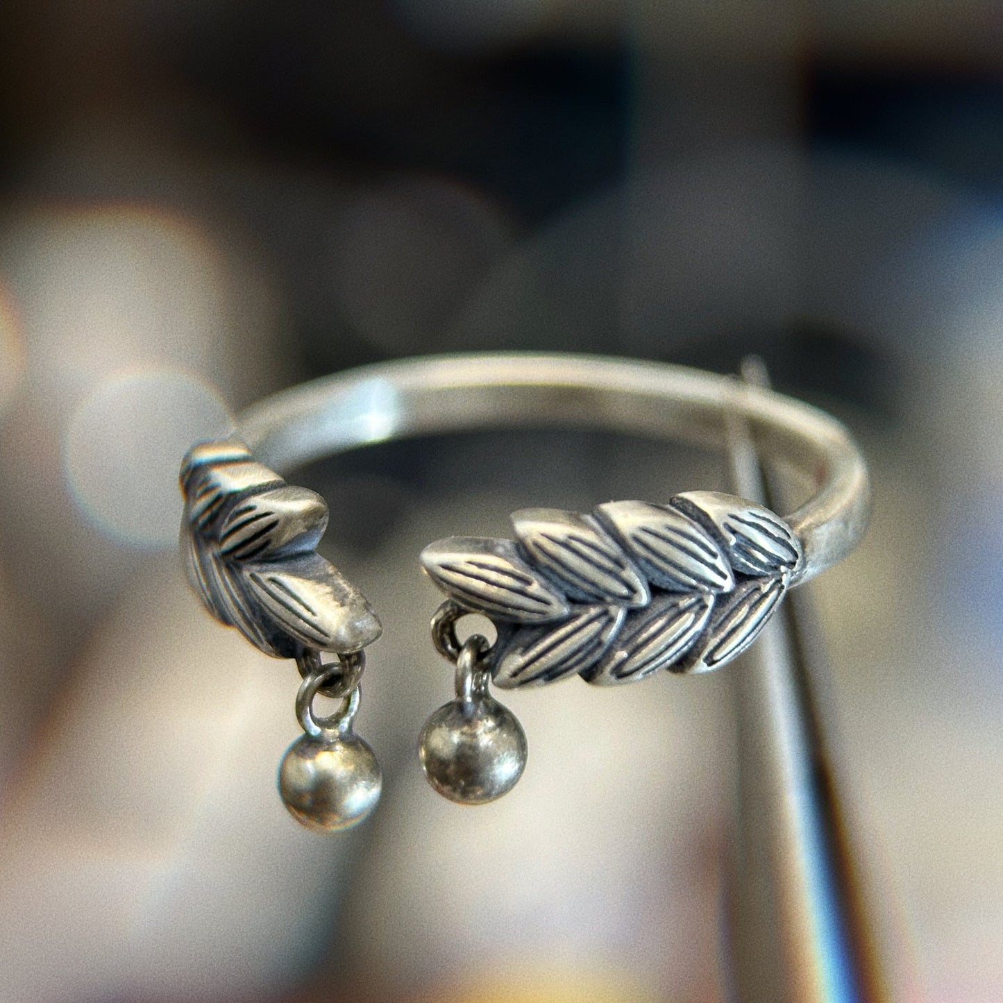925 Sterling Silver Wheat Ring, adjustable to any size, unique design, set with two small round beads