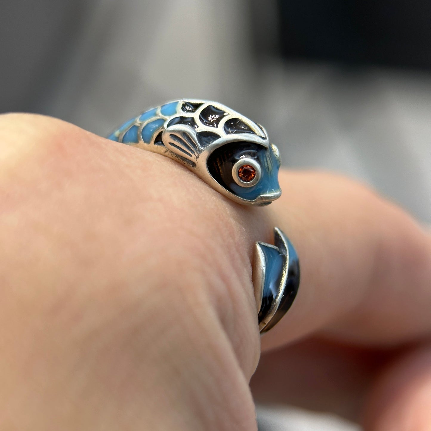 925 Sterling Silver Fish Ring, Enamel Crafted Size Adjustable, Innocent Little Fish