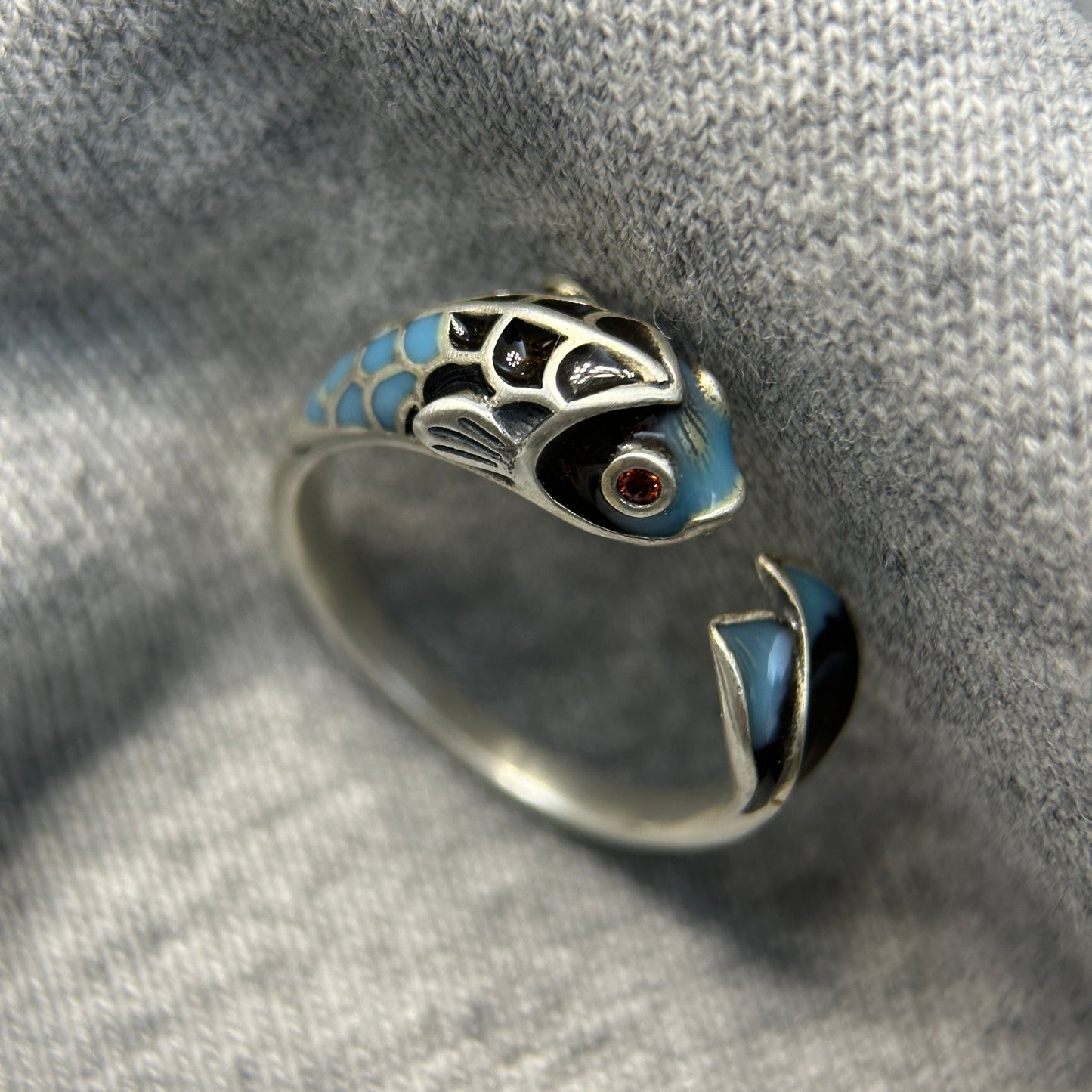 925 Sterling Silver Fish Ring, Enamel Crafted Size Adjustable, Innocent Little Fish