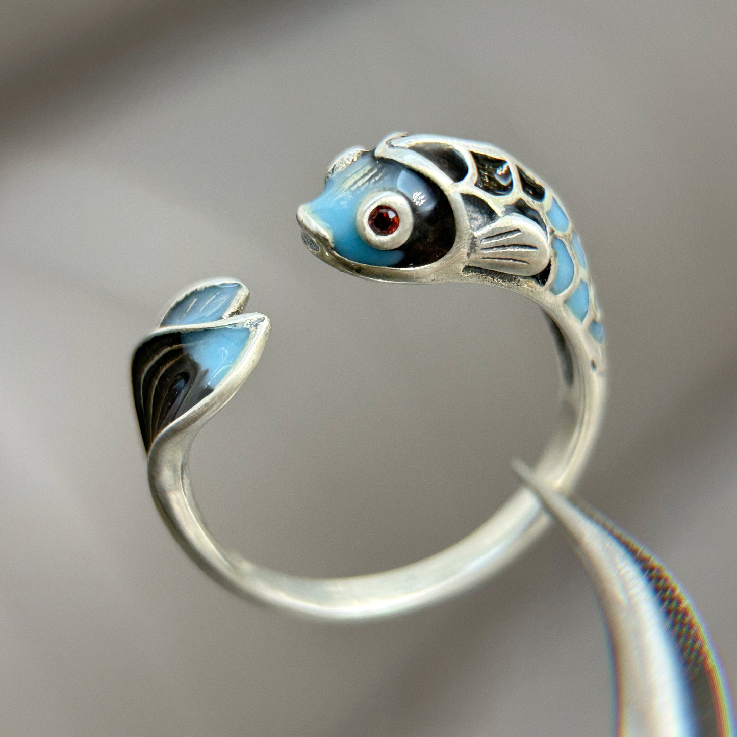 925 Sterling Silver Fish Ring, Enamel Crafted Size Adjustable, Innocent Little Fish