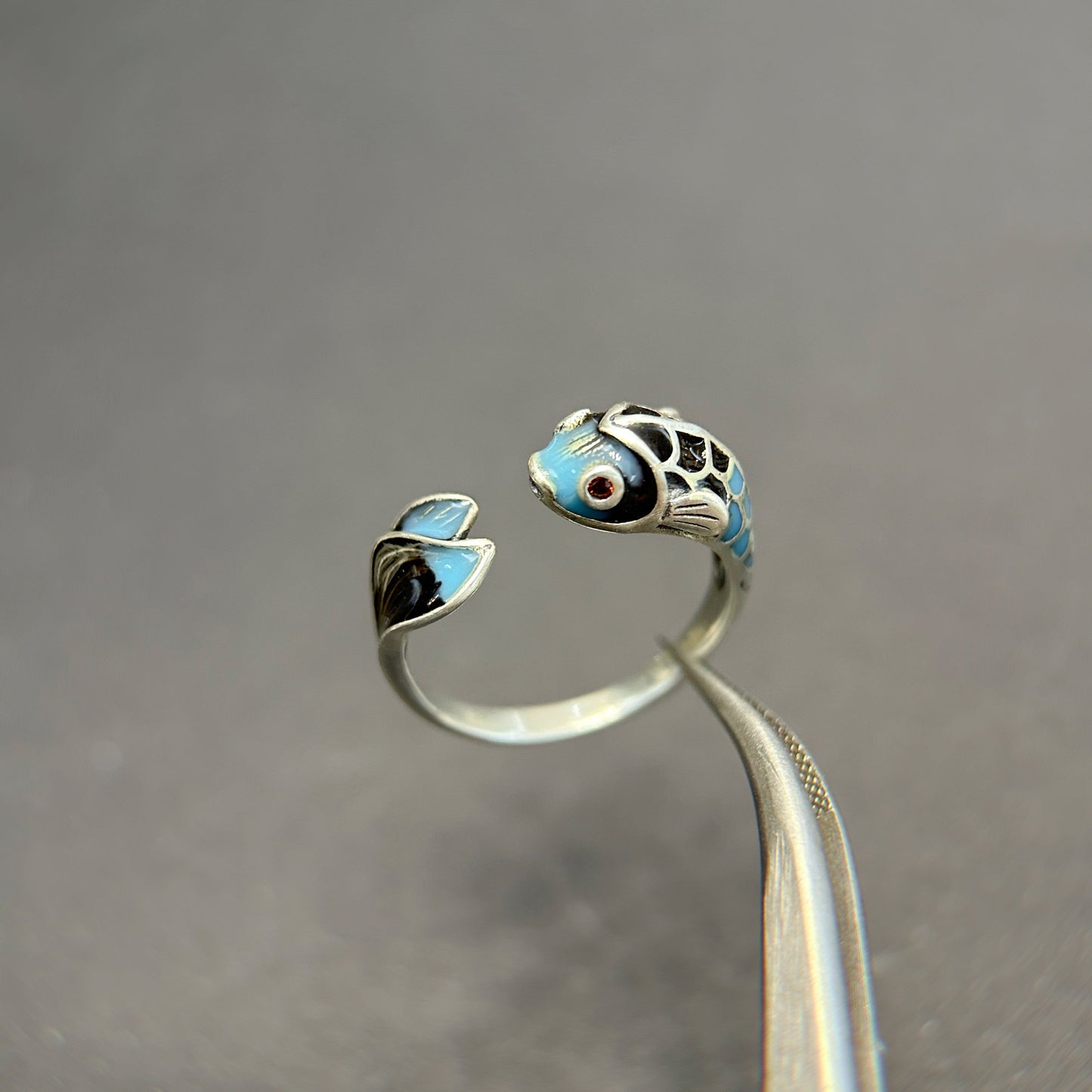 925 Sterling Silver Fish Ring, Enamel Crafted Size Adjustable, Innocent Little Fish