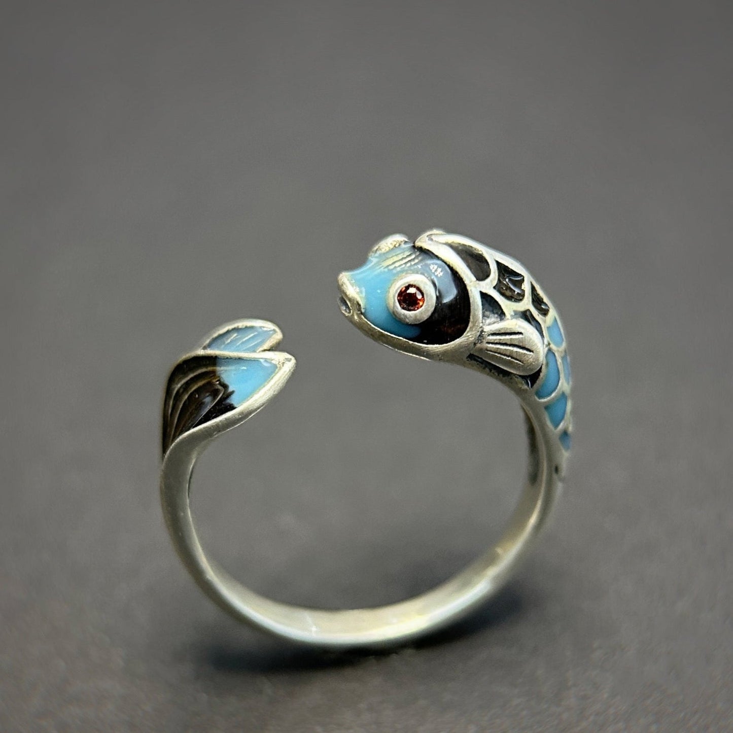 925 Sterling Silver Fish Ring, Enamel Crafted Size Adjustable, Innocent Little Fish