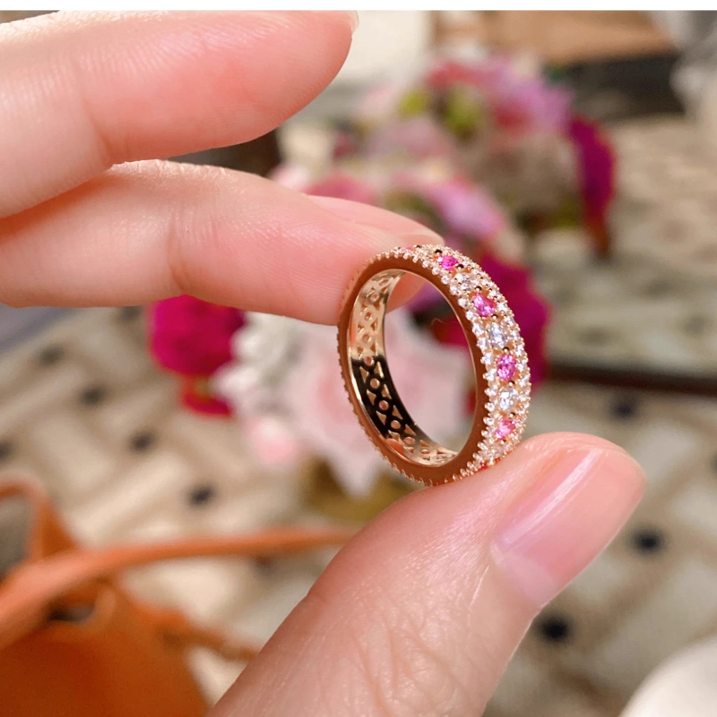 Golden diamond studded hollow ring