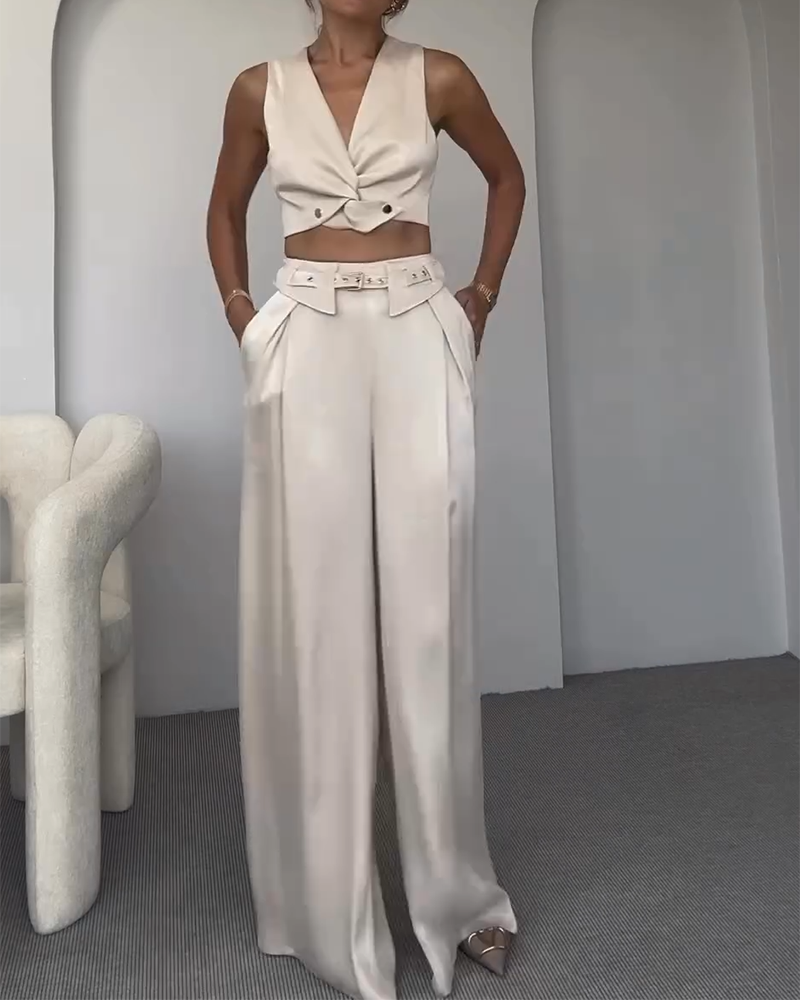 V-neck Top and Pants Two-piece Set Including Belt