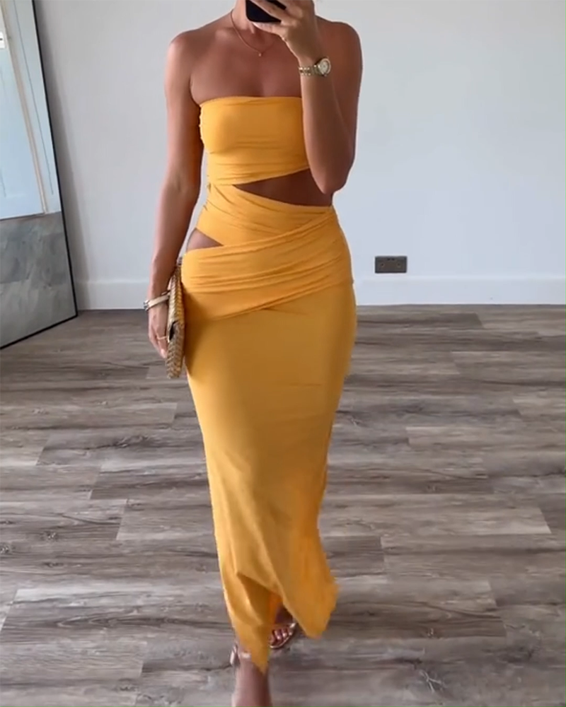 Strapless Hollow Solid Color Slit Dress