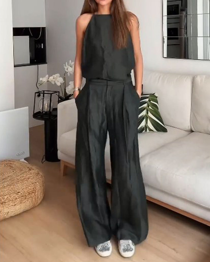 Sleeveless solid color two piece set