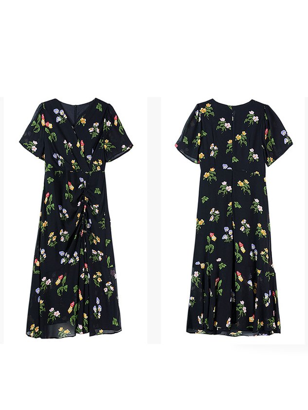 Women's Short Sleeve Summer Floral Dress Chiffon V Neck Elegant Flowy Maxi Dress