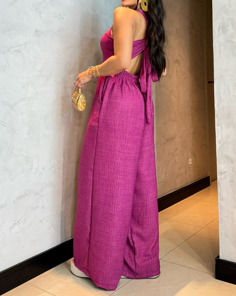 Sleeveless solid color hollow jumpsuit