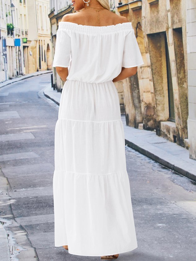 U-Boot-Ausschnitt Locker Lässig Schlohweiß Hochzeit Maxikleid Kurzarm Gewebe Kleid