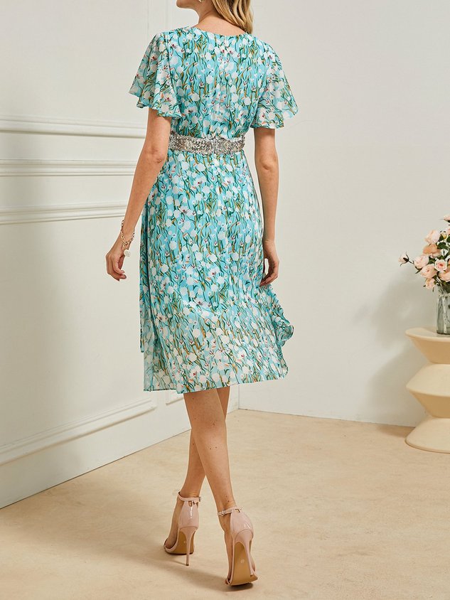Ruffled Sleeves V Neck Elegant Floral Dress