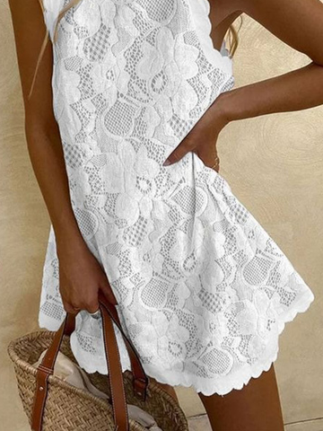 Unifarben Spitze Jacquard Ärmellos Lässig Tunika Kleid