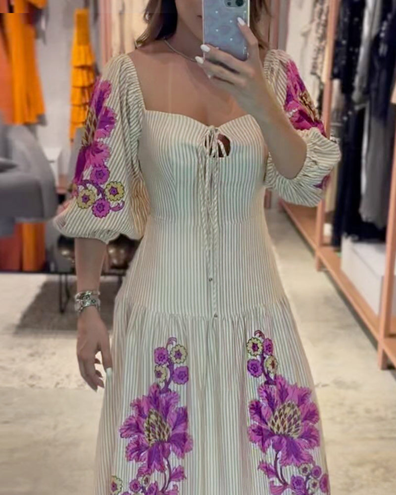 Puff Sleeve Striped Print Dress