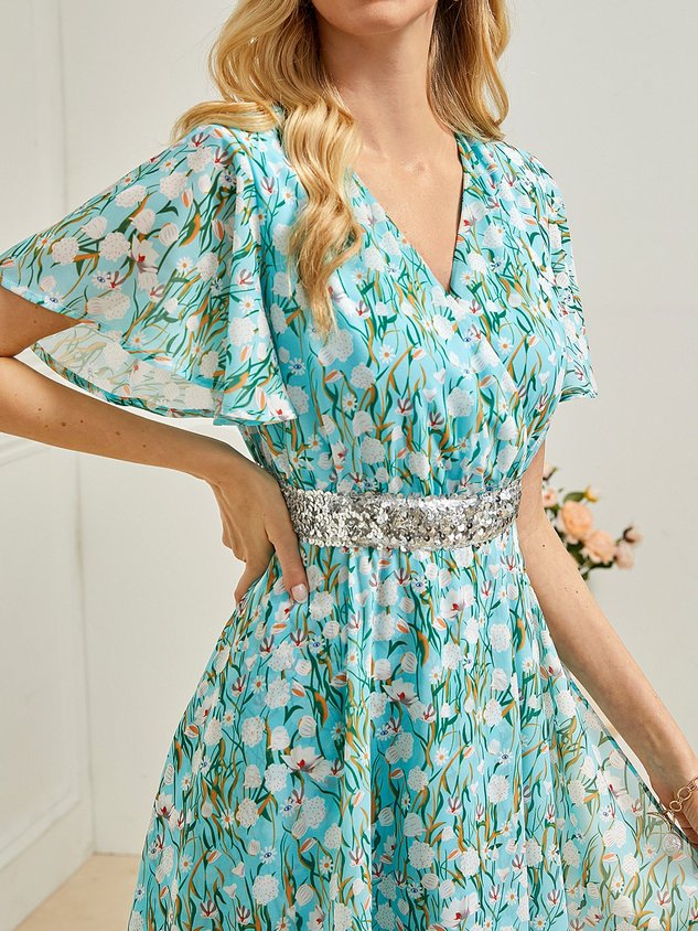 Ruffled Sleeves V Neck Elegant Floral Dress